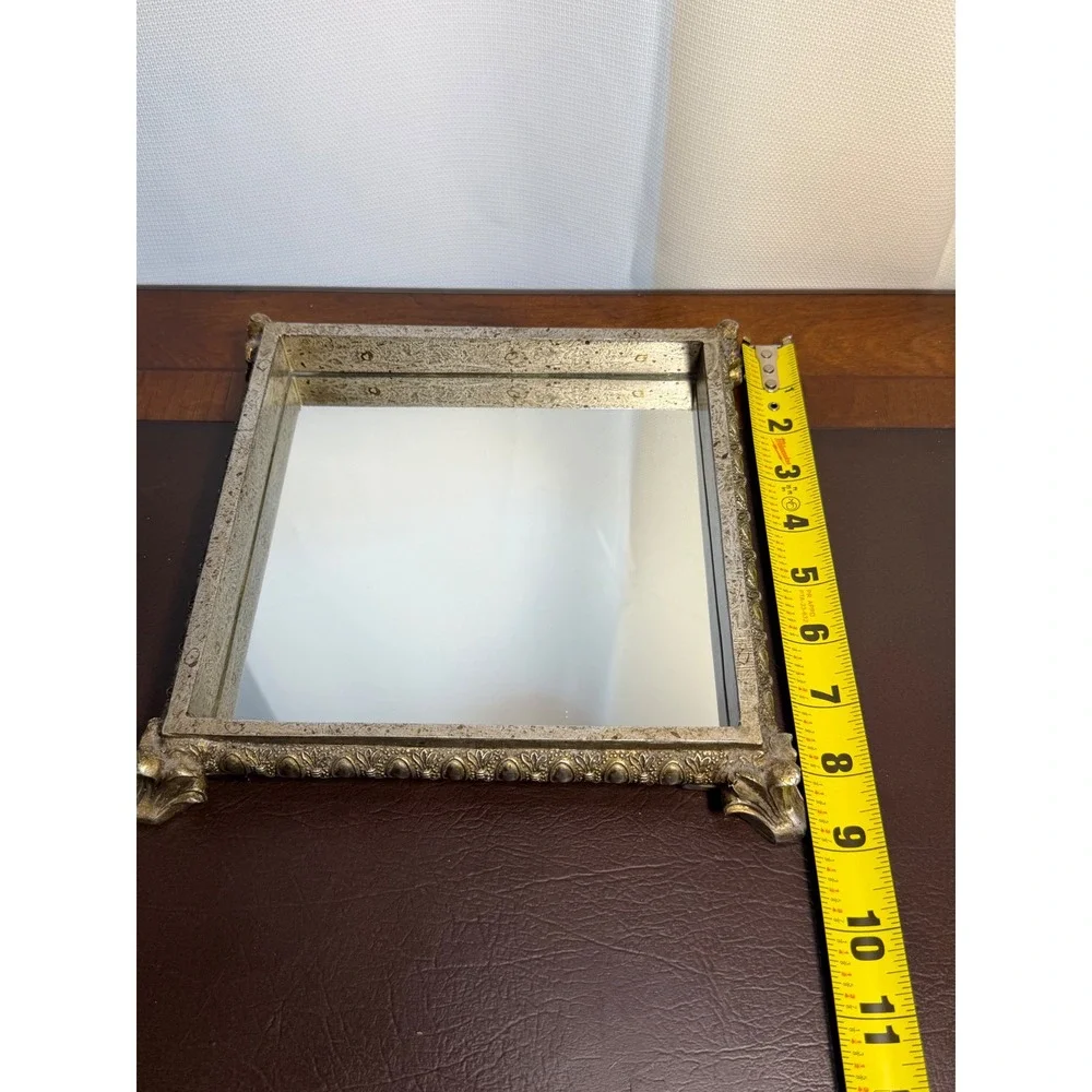 Vintage Ornate Mirrored Vanity Tray Champagne Gold Footed Perfume Jewelry Decor